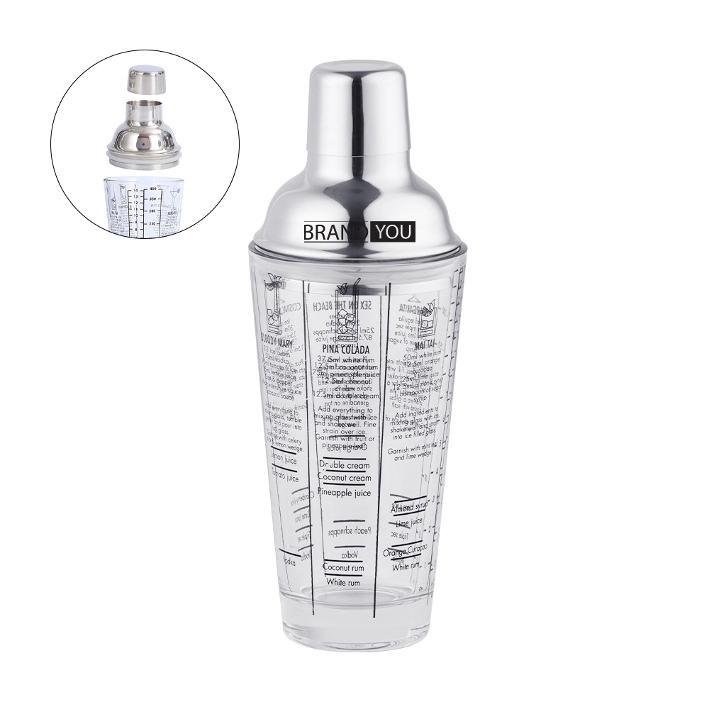 Three-Piece Glass Cocktail Shaker w/ Markings and Strainer