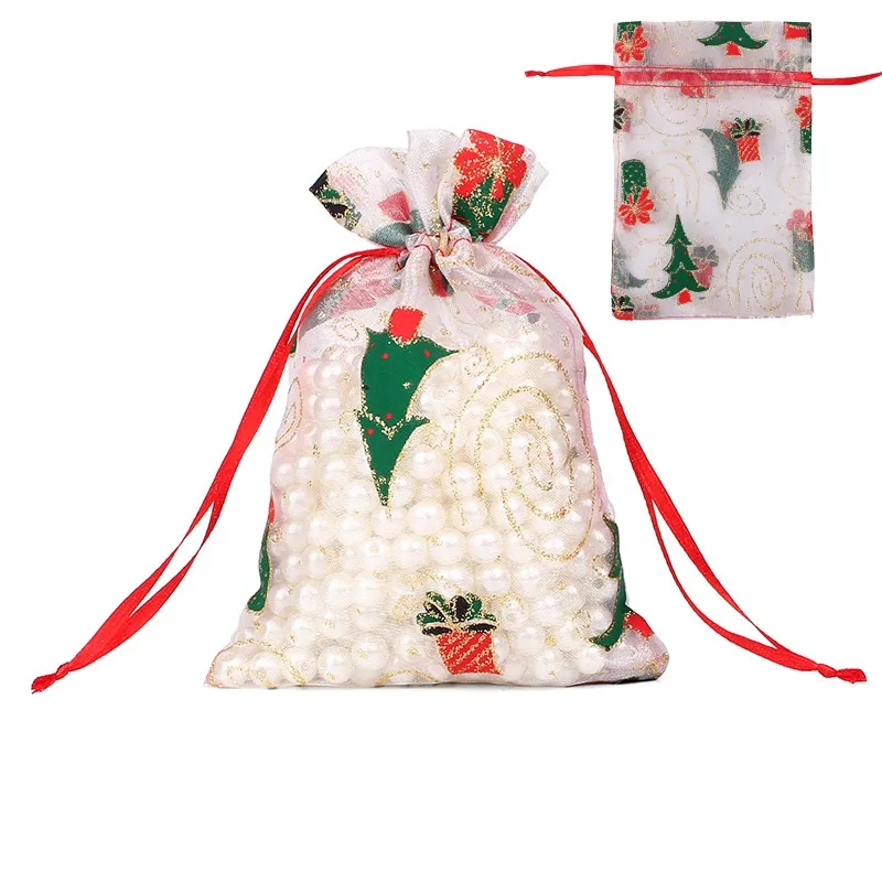 Festive Snow Organza Gift Bags with Drawstring Closure