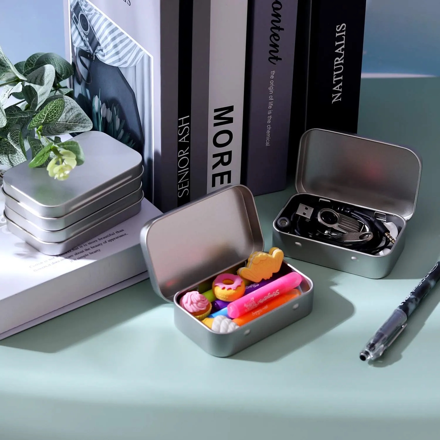 Silver Rectangular Metal Storage Tins with Lids