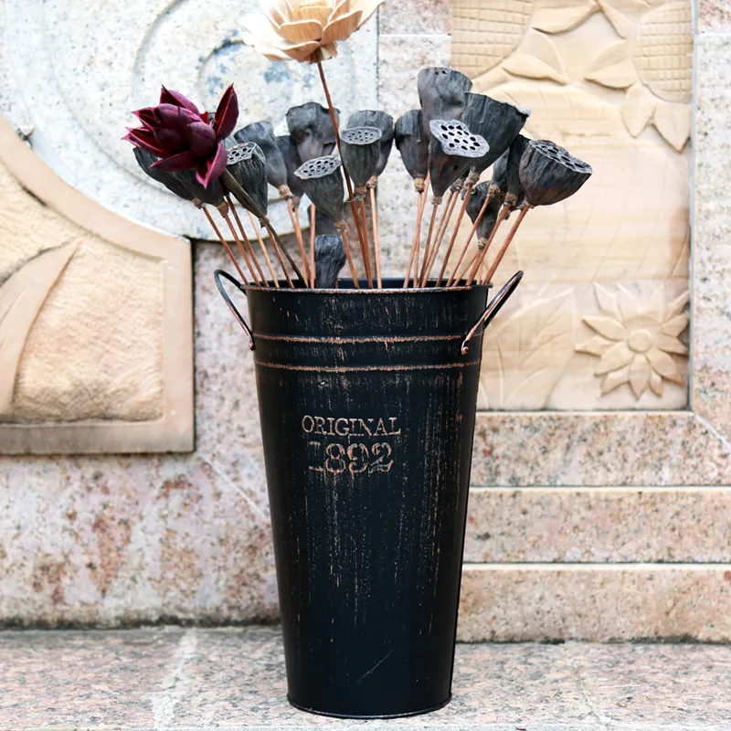 2ft Tall Vintage Rustic Iron Flower Bucket w/ Handles