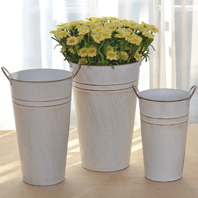 16" Leak-Proof Vintage White Tall Iron Flower Bucket