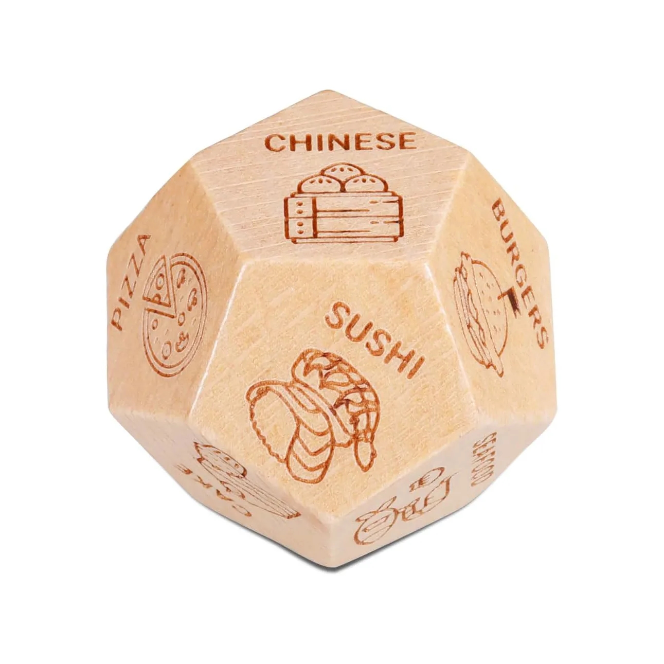 12-Sided Custom Etched Wooden Dice for Gaming & Education