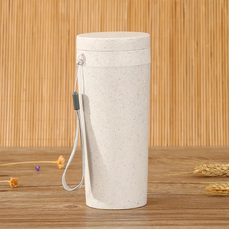 Sustainable 12oz Wheat Straw Eco Water Bottle w/ Lid & Strap