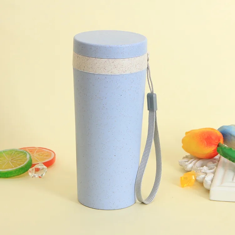 Sustainable 12oz Wheat Straw Eco Water Bottle w/ Lid & Strap