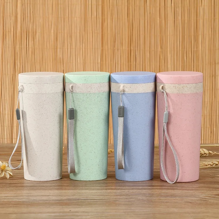 Sustainable 12oz Wheat Straw Eco Water Bottle w/ Lid & Strap