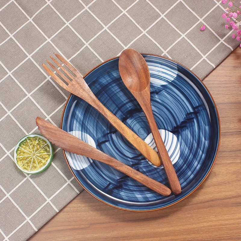 Eco-Friendly Teak Wood 3-Piece Cutlery Set Spoon Fork Knife
