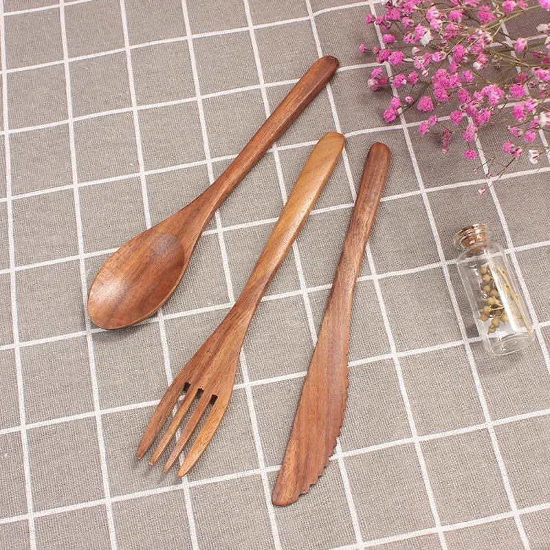 Eco-Friendly Teak Wood 3-Piece Cutlery Set Spoon Fork Knife