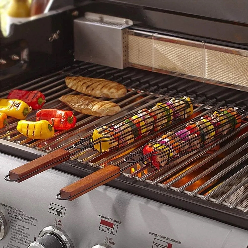 Carbon Steel Non-Stick Kabob Grill Basket w/ Hardwood Handle