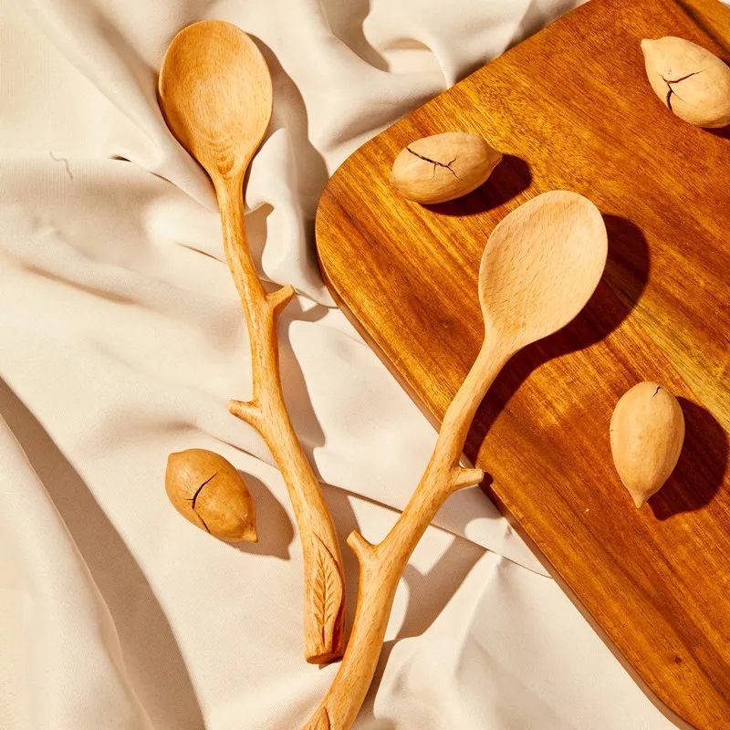 Handmade Wooden Tree Branch Long Handle Spoon, 9.25 inch