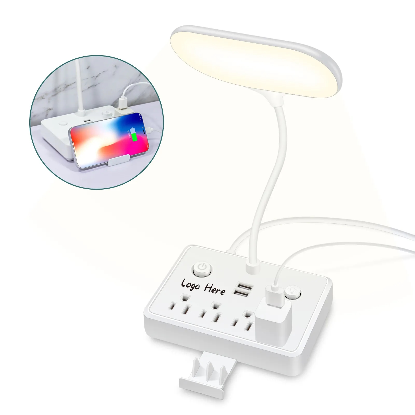 Power Strip w/ Dual-Light Lamp & Phone Stand FCC Certified