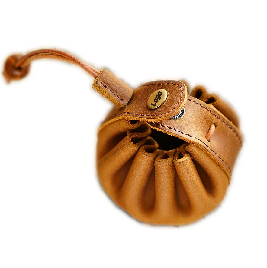 Classic Top-Grain Leather Snap Button Drawstring Coin Purse