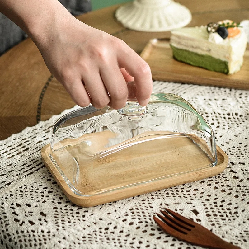 7" Rectangular Bamboo Dessert Plate w/ Glass Dome Cloche