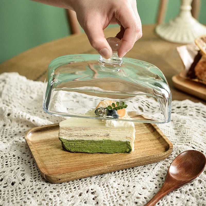 7" Rectangular Bamboo Dessert Plate w/ Glass Dome Cloche