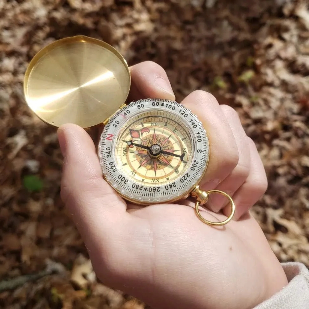 Vintage Pocket Brass Flip-Cover Compass w/ Luminous Dial